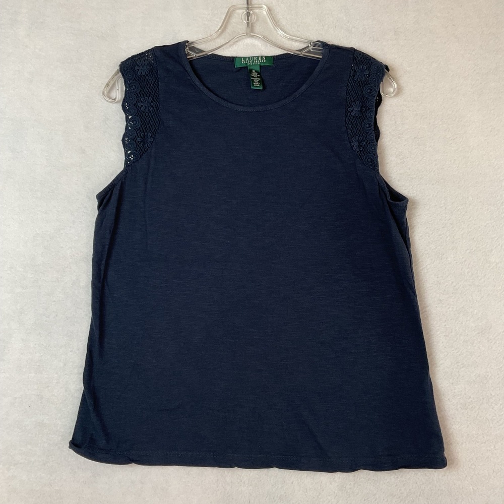 Lauren Ralph Lauren Navy Blue Crochet Trim Sleeveless Knit Top Petite Large